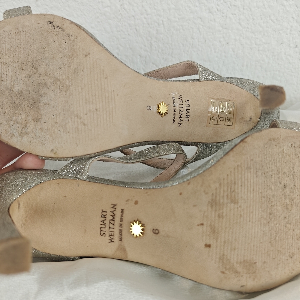 Stuart Weitzman Aleena 75 Silver Glitter Sandal Heels, Size 6 Womens - Picture 11 of 11